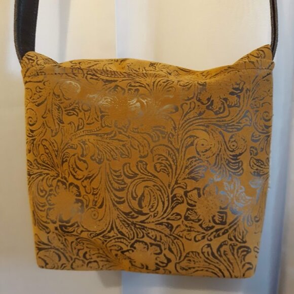 NEW Faux Leather Tooled Western Crossbody Satchel Purse bag Flip Top Sling Brown - Picture 10 of 13